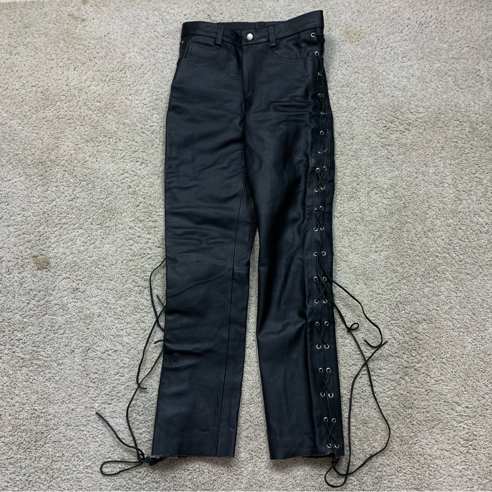 Men's BLACK LEATHER Straight Leg LACE UP Lined MOTORCYCLE Biker RIDING PANTS 30